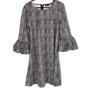 Nina Leonard Size M Bell Bubble Sleeve A-Line Dress Knit stretch Plaid 1940 EUC